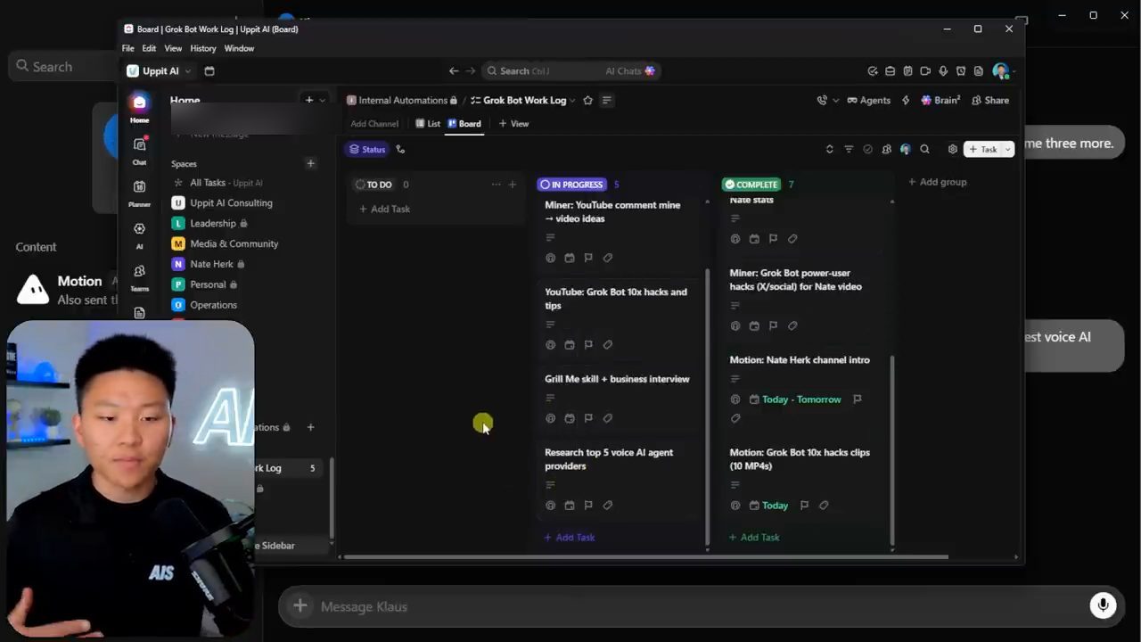 Bảng Grok Bot Work Log trong ClickUp với ba cột To Do, In Progress, Complete