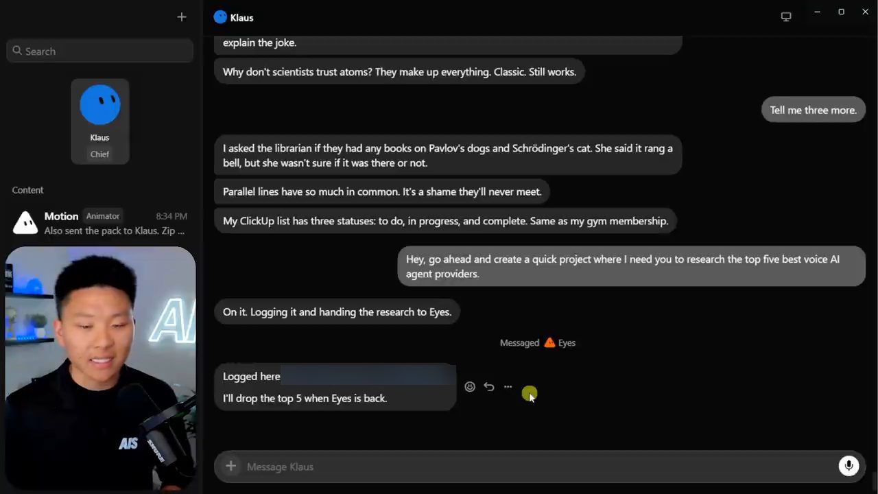 Klaus trả lời On it, Logging it and handing the research to Eyes, kèm link ClickUp