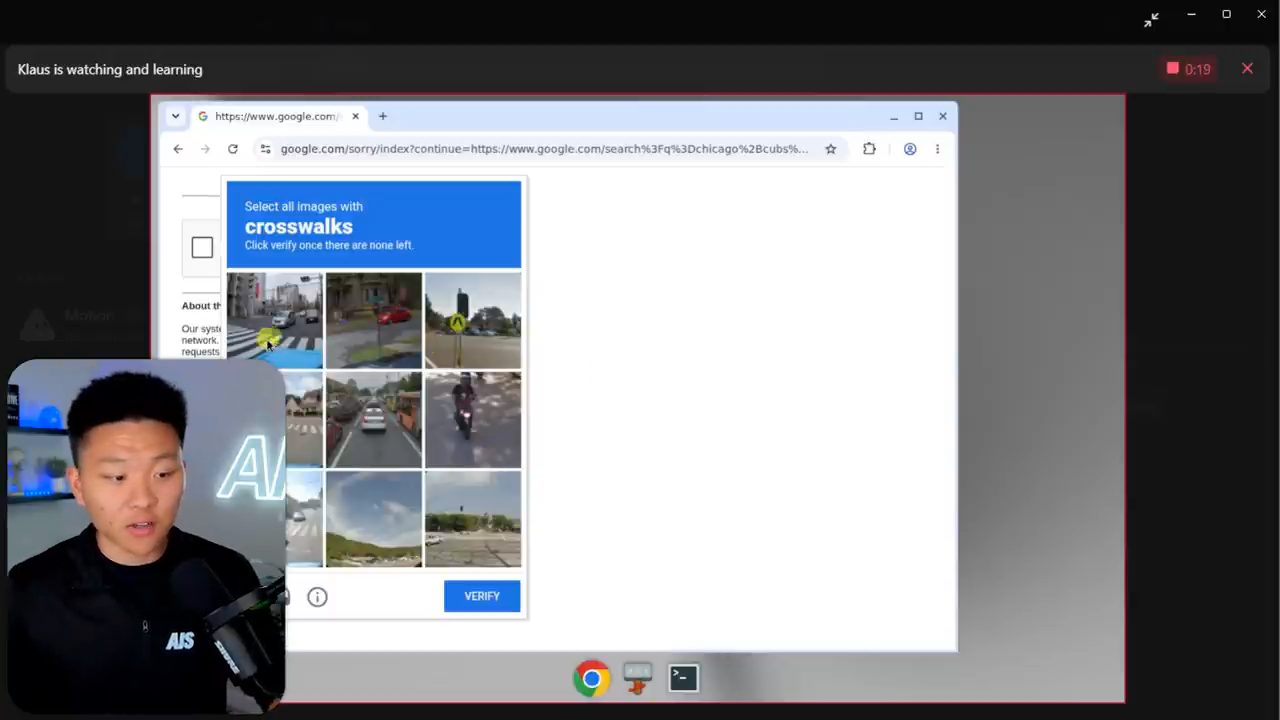 Thanh Klaus is watching and learning đang ghi, trình duyệt hiện captcha của Google