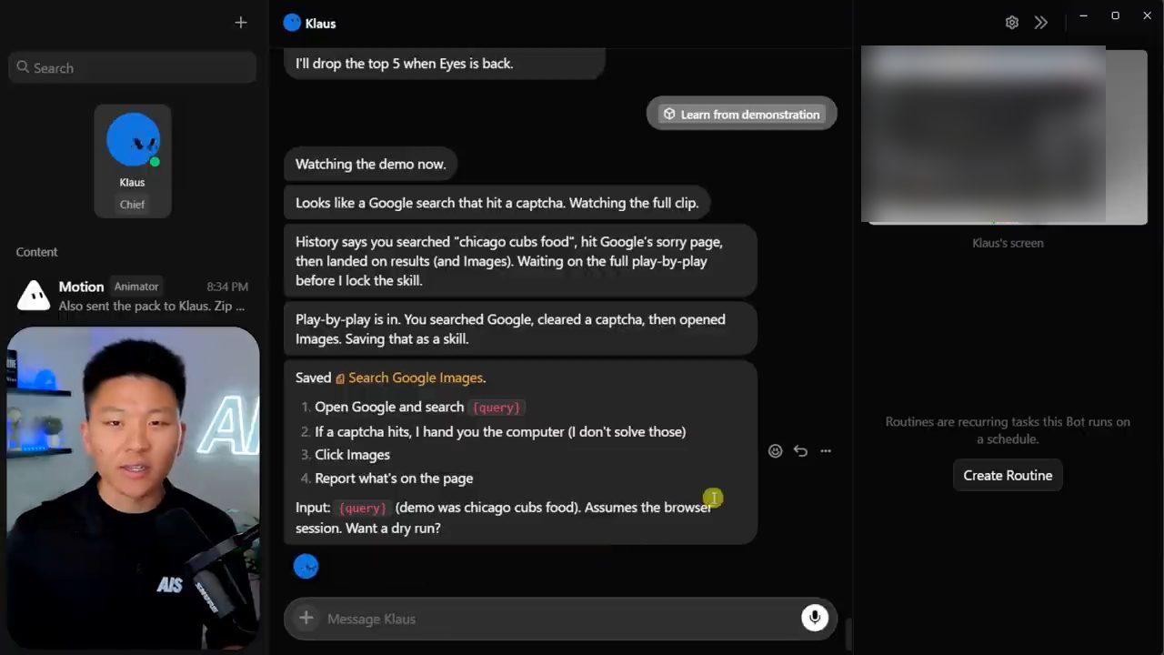 Klaus báo đã lưu skill Search Google Images với bốn bước và tham số query