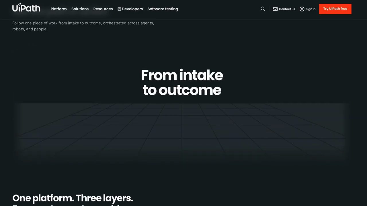 Trang chủ UiPath với dòng chữ From intake to outcome và One platform. Three layers.