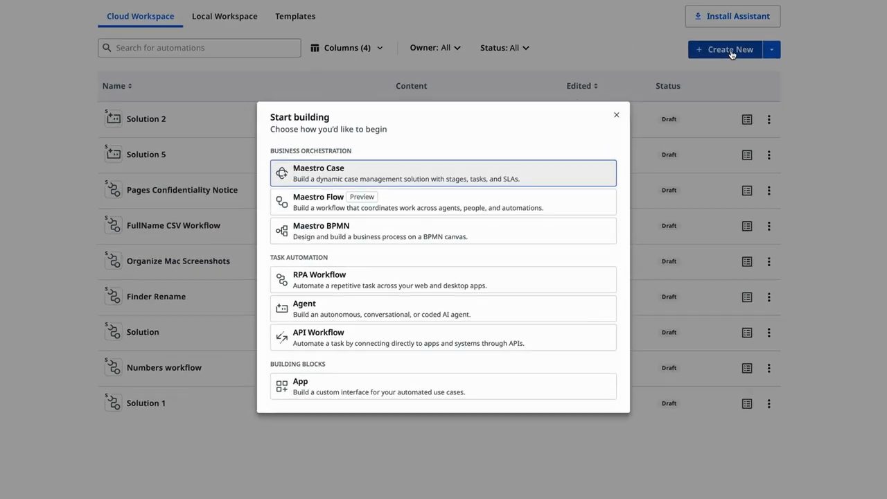 Hộp thoại Start building trong UiPath với các lựa chọn Maestro Case, Maestro Flow, Maestro BPMN, RPA Workflow, Agent, API Workflow, App