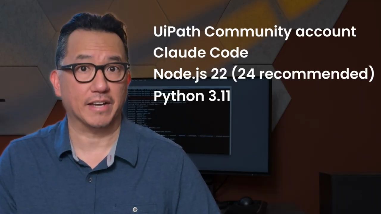 Garrick nói trước camera, bên cạnh là danh sách UiPath Community account, Claude Code, Node.js 22 (24 recommended), Python 3.11