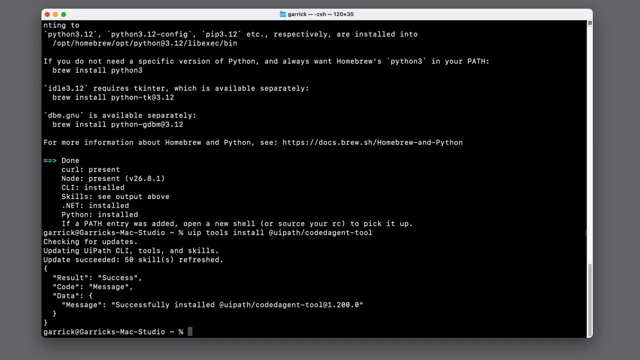Terminal với khối Done liệt kê curl, Node, CLI, Skills, .NET, Python và kết quả cài codedagent-tool