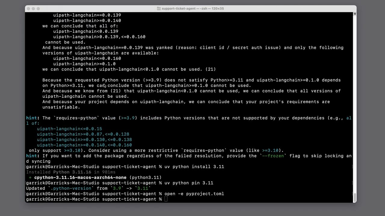 Terminal báo lỗi requested Python version (>=3.9) không thoả uipath-langchain, rồi các lệnh uv python install 3.11, uv python pin 3.11, open -e pyproject.toml