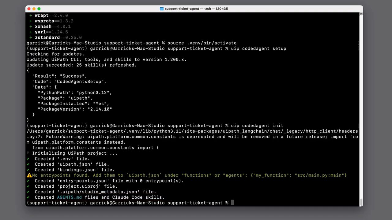 Terminal với uip codedagent setup thành công và uip codedagent init tạo các file .env, uipath.json, bindings.json, entry-points.json, project.uiproj, AGENTS.md