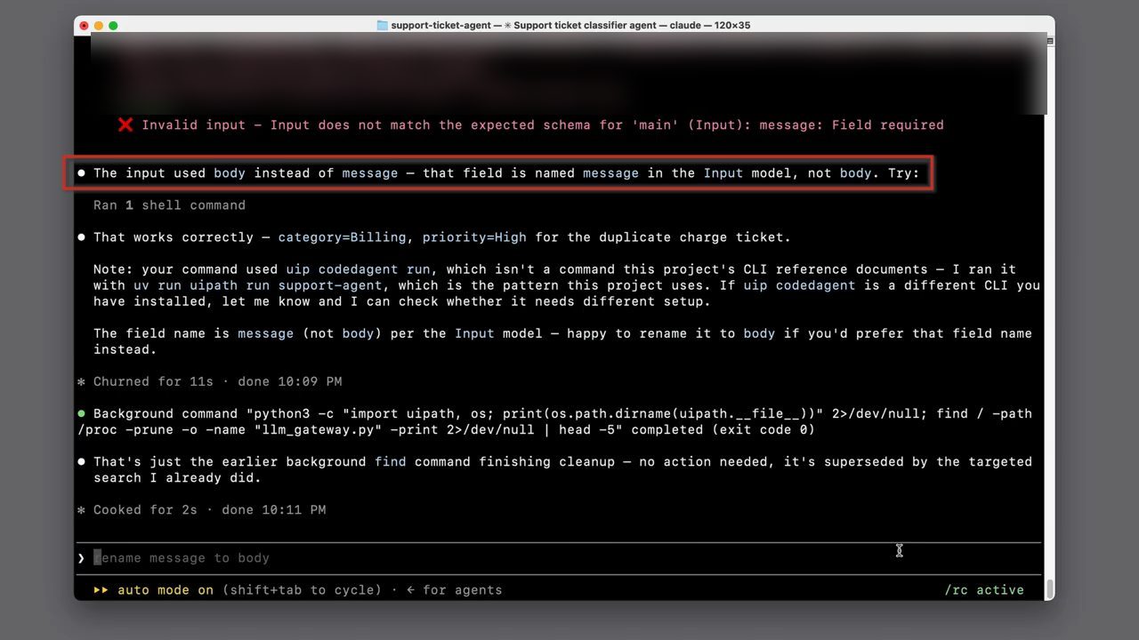 Claude Code báo lỗi Invalid input vì field message, giải thích input dùng body thay vì message và chạy lại ra Billing, High
