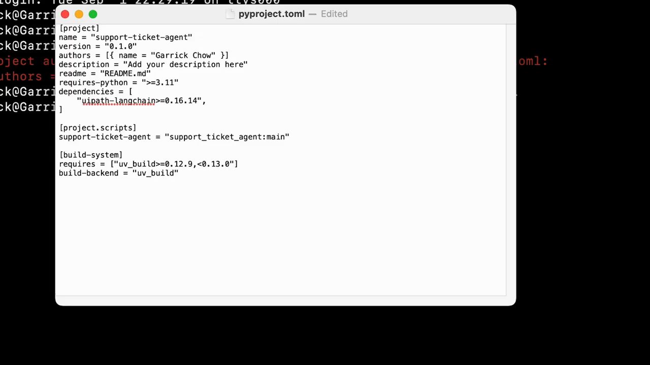 File pyproject.toml đã sửa với dòng authors, requires-python >=3.11 và dependency uipath-langchain