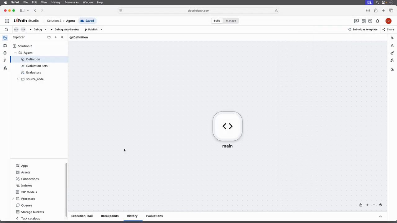 UiPath Studio với Solution 2, Agent, Definition hiển thị entry point main