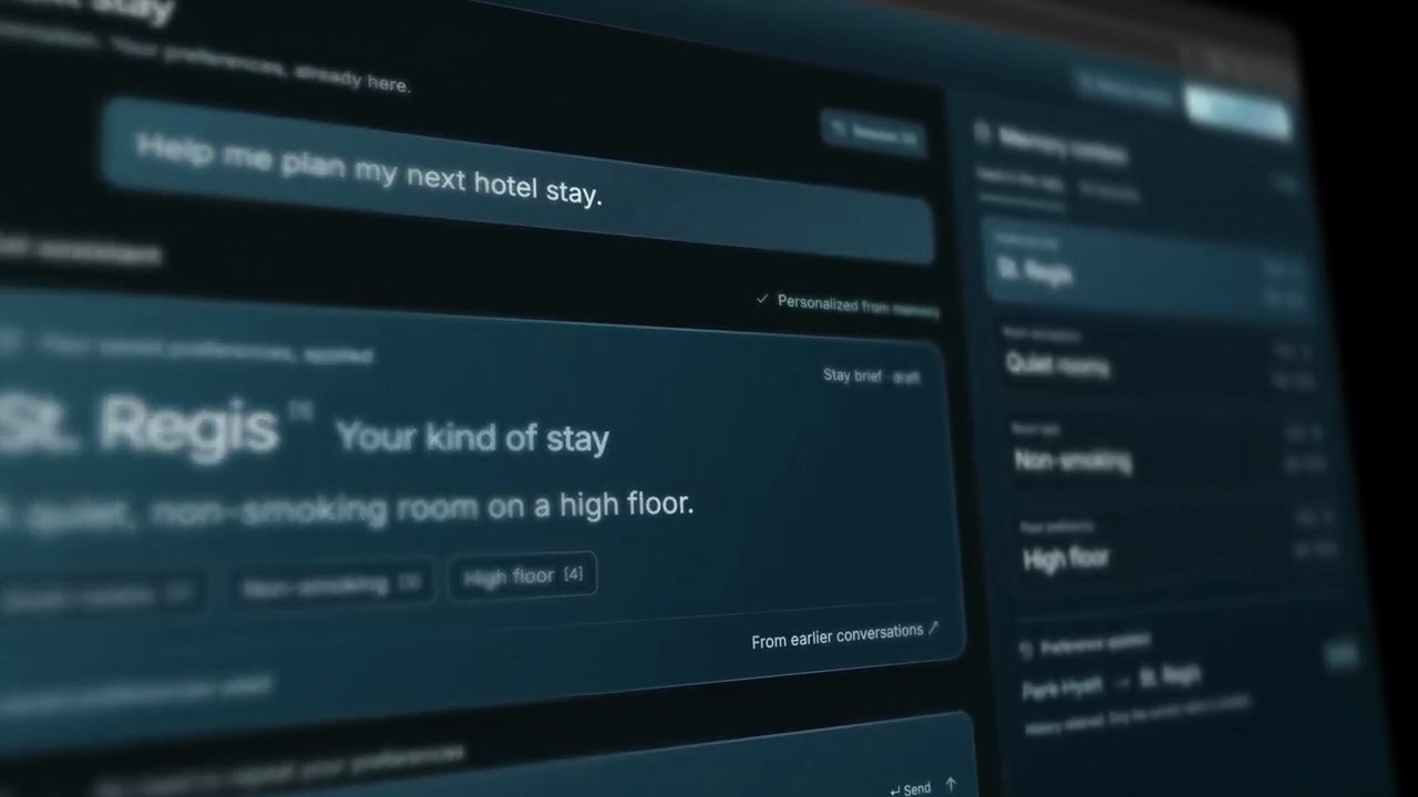 Giao diện một travel assistant với yêu cầu Help me plan my next hotel stay và gợi ý St. Regis