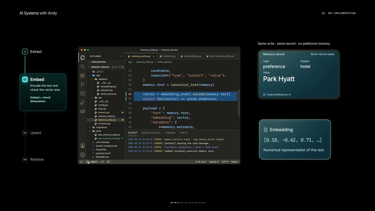 VS Code mở memory_write.py trong project memory-service, bước Embed được tô sáng