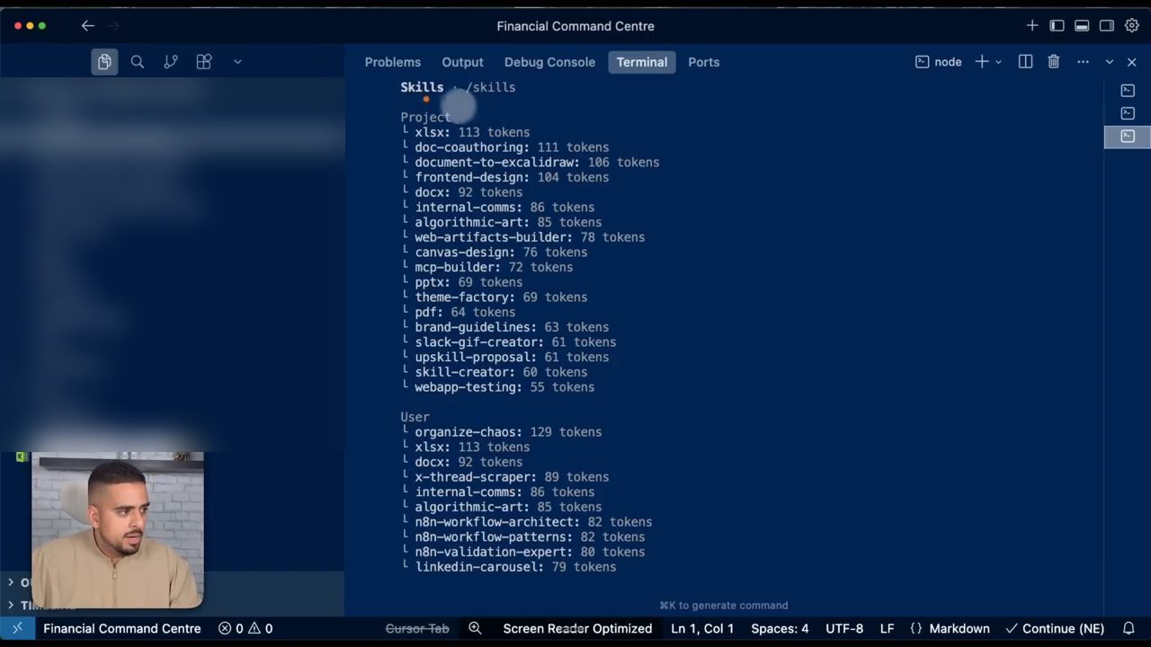 Kết quả /context trong terminal: danh sách Skills theo Project và User kèm số token mỗi skill