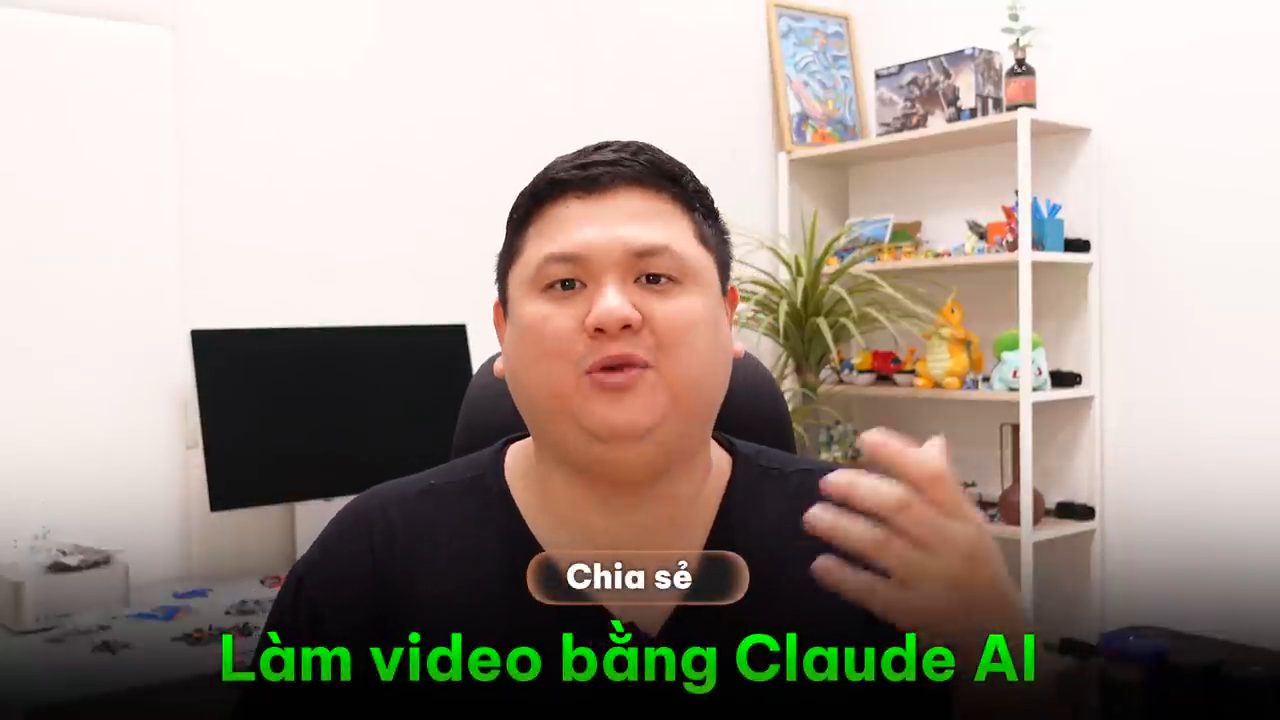 Duy Luân ngồi trong phòng làm việc, chữ trên màn hình: Chia sẻ, Làm video bằng Claude AI