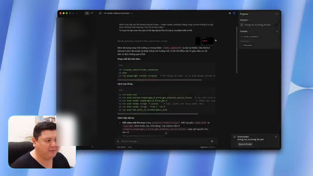 Đoạn chat UV render video environment trong ứng dụng Claude, có các lệnh uv để render animation