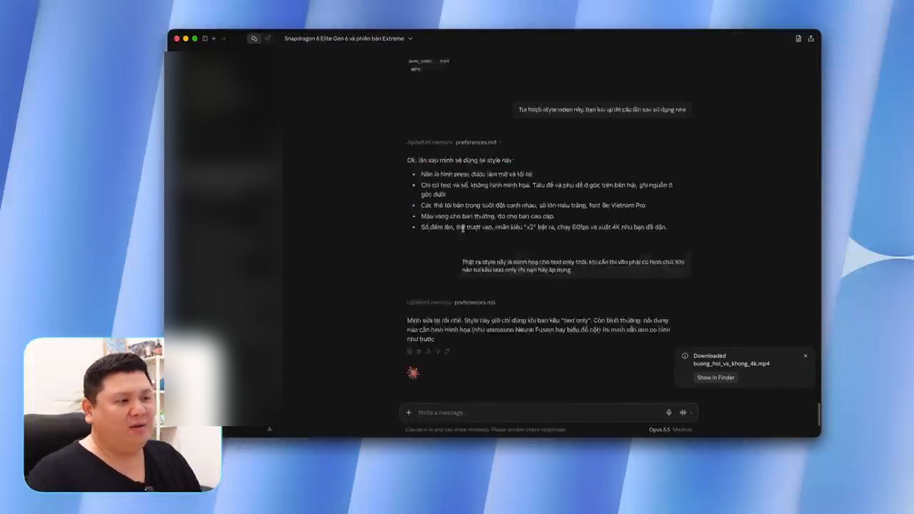 Đoạn chat Snapdragon 8 Elite Gen 6 và phiên bản Extreme, Claude cập nhật memory preferences.md với phong cách video