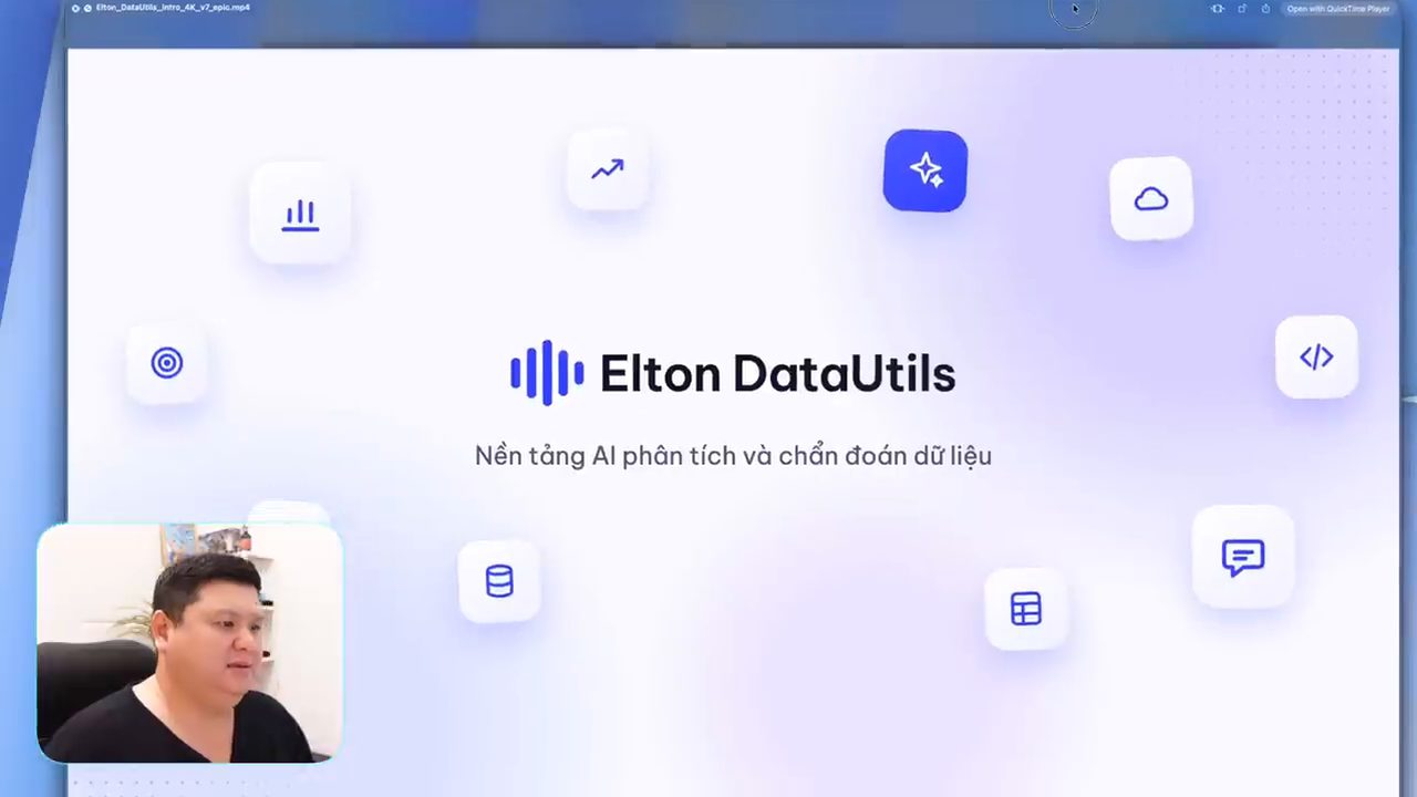 Màn hình mở đầu video giới thiệu: logo Elton DataUtils, Nền tảng AI phân tích và chẩn đoán dữ liệu, các icon nổi xung quanh