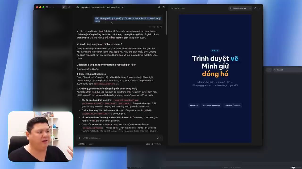 Đoạn chat Nguyên lý render animation web sang video, bên phải là ảnh preview dọc Trình duyệt vẽ, Mình giữ đồng hồ