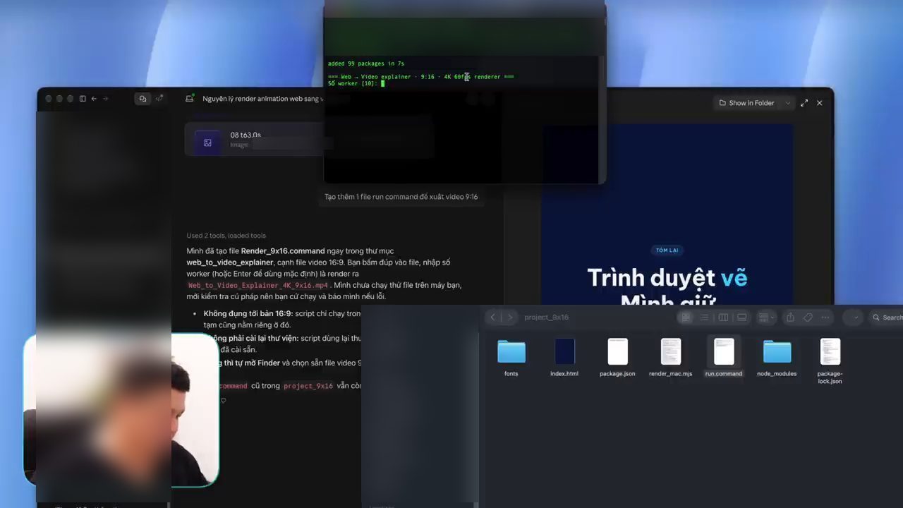 Cửa sổ Terminal chạy run.command trong project_9x16, hỏi số worker, bên dưới là Finder với các file của project