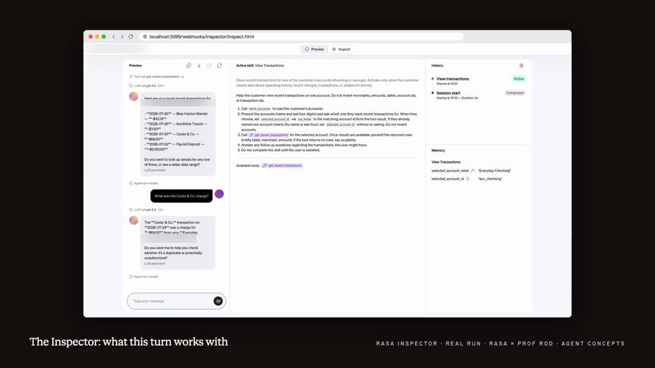 Rasa Inspector: hội thoại bên trái, skill View Transactions ở giữa, Memory bên phải