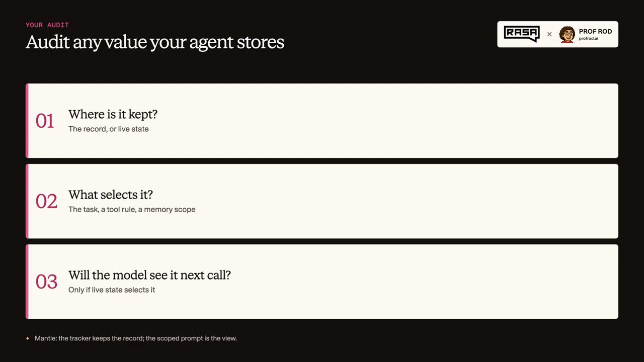 Slide Audit any value your agent stores với ba câu hỏi