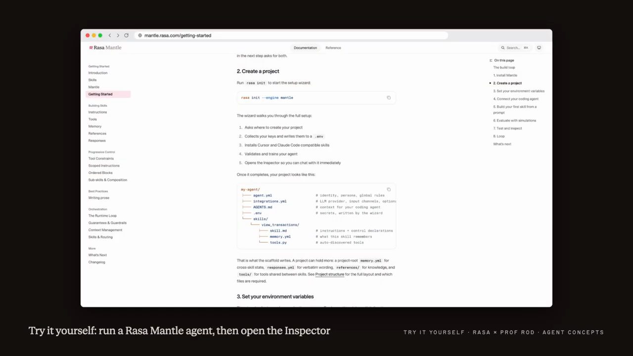 Trang mantle.rasa.com/getting-started, mục Create a project