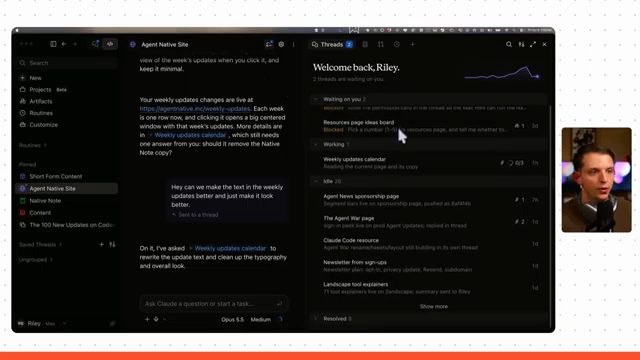 Project Agent Native Site trong Claude với coordinator bên trái và danh sách thread bên phải