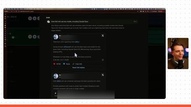 Trang weekly updates của Agent Native với mục GrokBot will use any model, including Claude Opus và tweet của Elon Musk