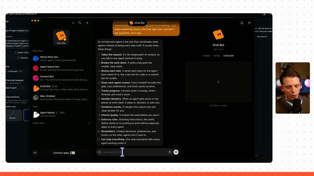 Cửa sổ Grok Bot với danh sách bot của Riley và mô tả 11 việc của một orchestrator agent