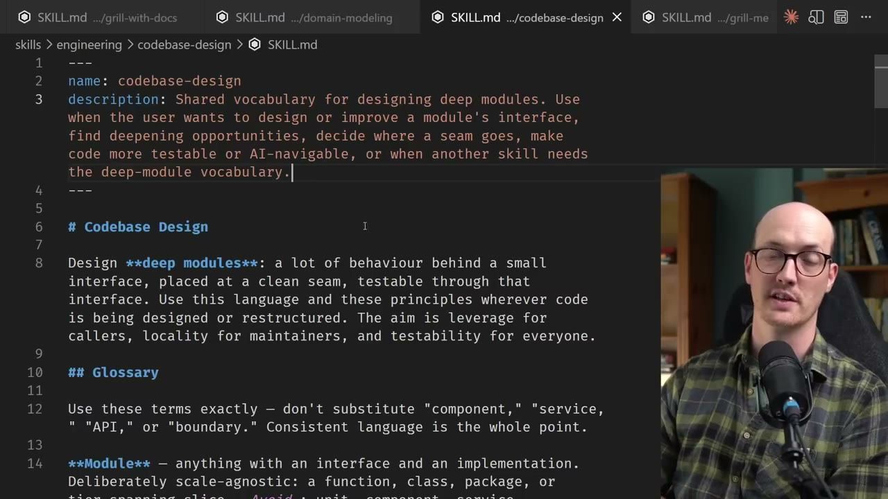 Editor mở file SKILL.md của skill codebase-design