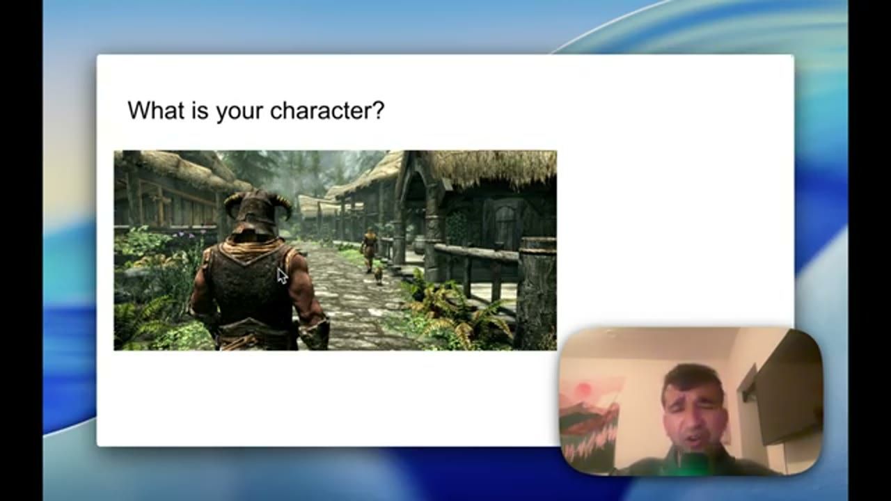 Slide What is your character? với hình nhân vật Skyrim đang đi trong một ngôi làng