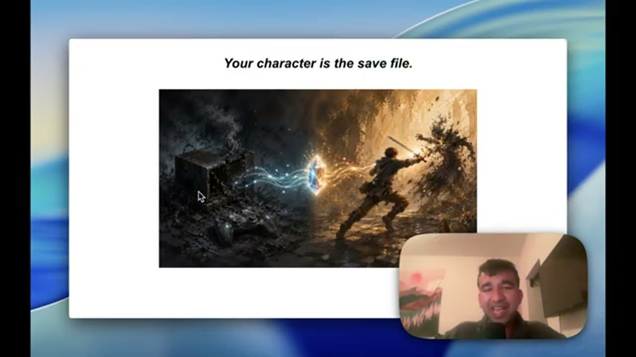 Slide Your character is the save file, hình một chiến binh vung kiếm bên cạnh một khối máy đang vỡ vụn