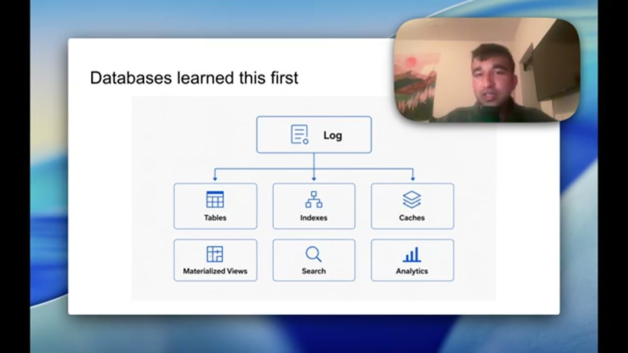 Sơ đồ Databases learned this first: Log ở trên, bên dưới là Tables, Indexes, Caches, Materialized Views, Search, Analytics
