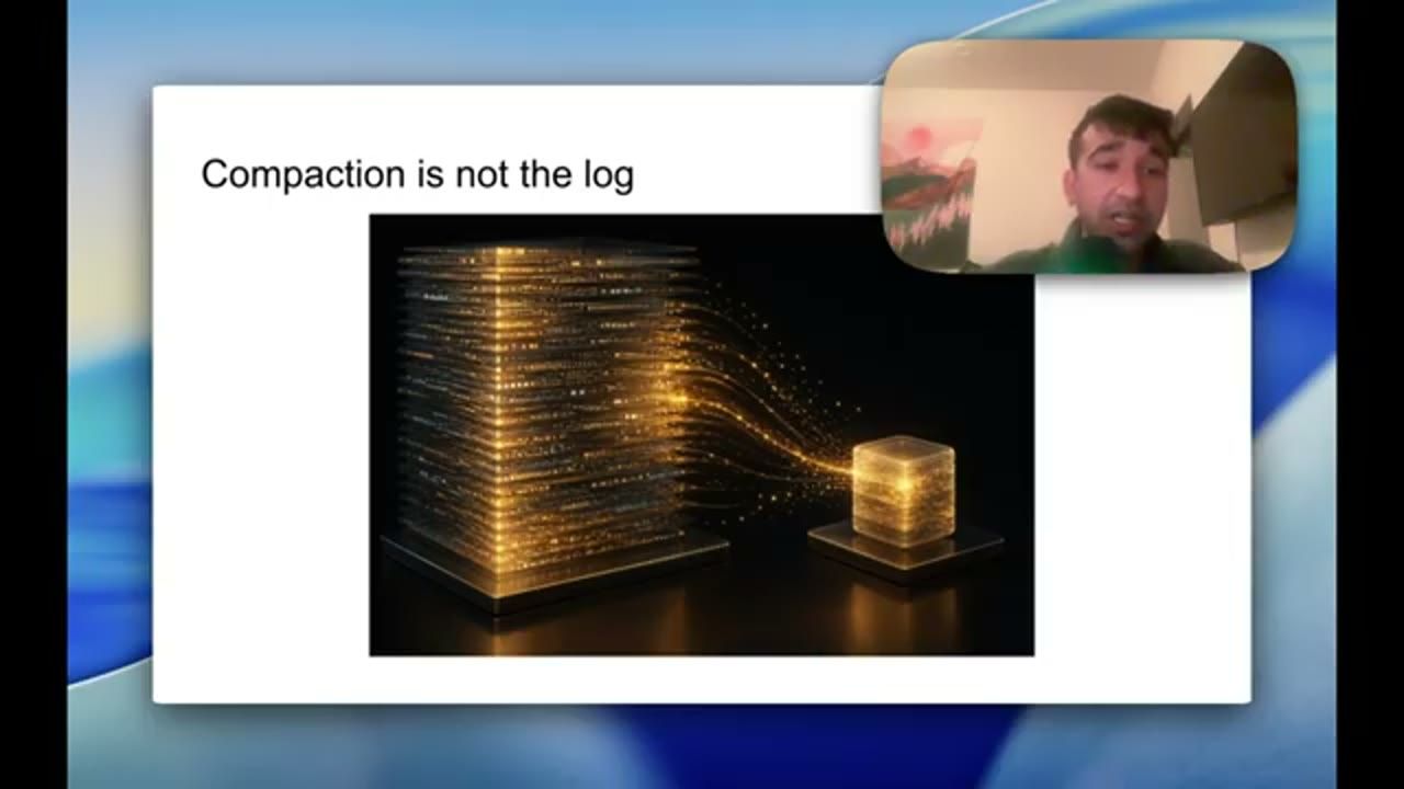 Slide Compaction is not the log, hình một khối dữ liệu lớn phát sáng chảy thành một khối lập phương nhỏ