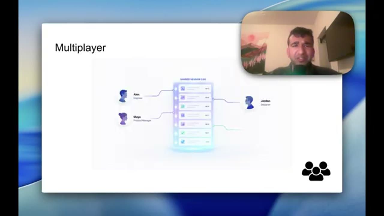 Slide Multiplayer: một shared session log ở giữa, ba người Alex, Maya và Jordan nối vào