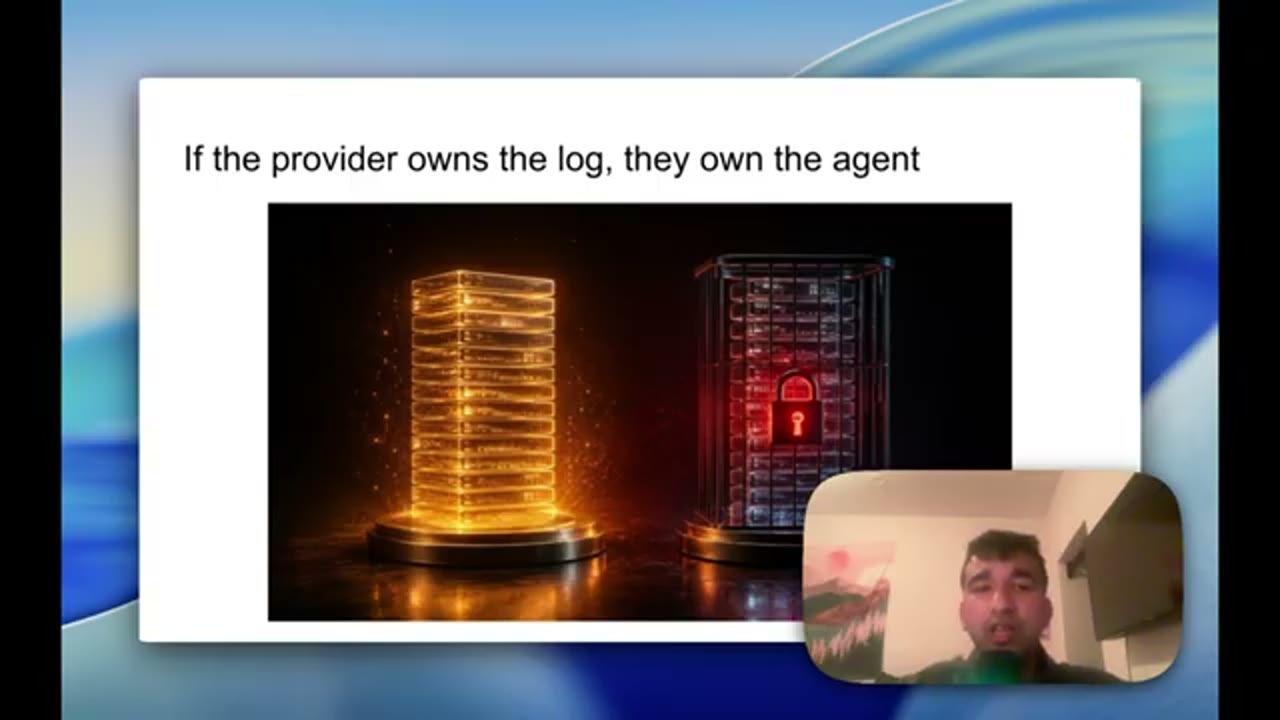 Slide If the provider owns the log, they own the agent, hình một tháp dữ liệu phát sáng cạnh một tháp bị khoá màu đỏ