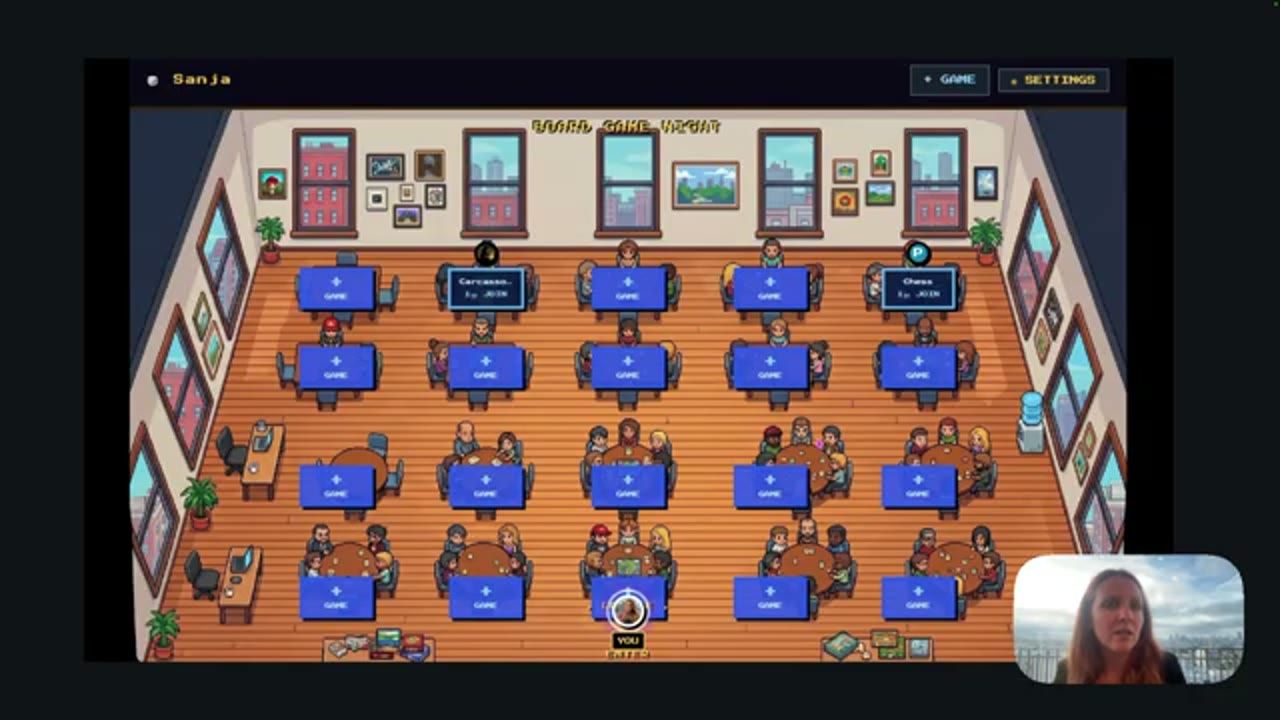 Giao diện app board game với văn phòng vẽ kiểu pixel 16-bit