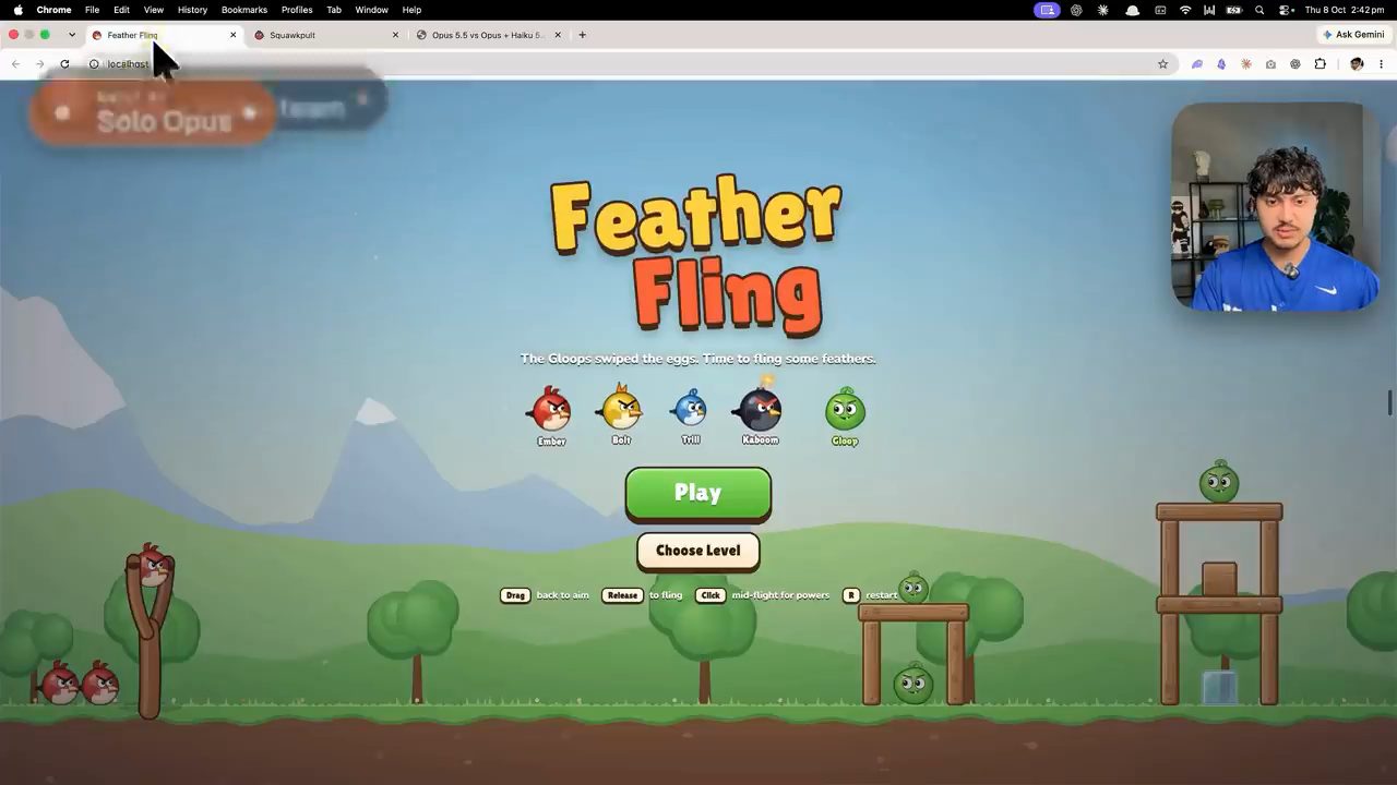 Màn hình mở đầu game Feather Fling của Solo Opus với năm nhân vật và nút Play, Choose Level