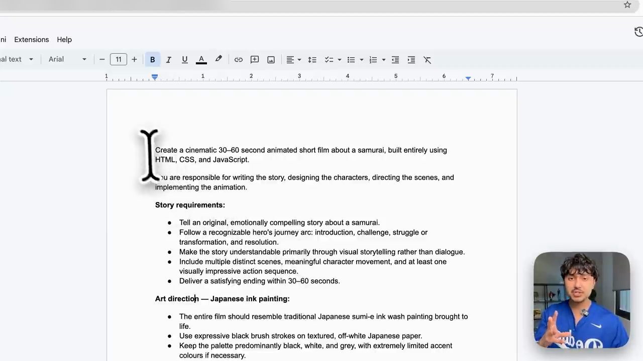 Google Doc chứa prompt phim ngắn samurai, phần Story requirements và Art direction Japanese ink painting