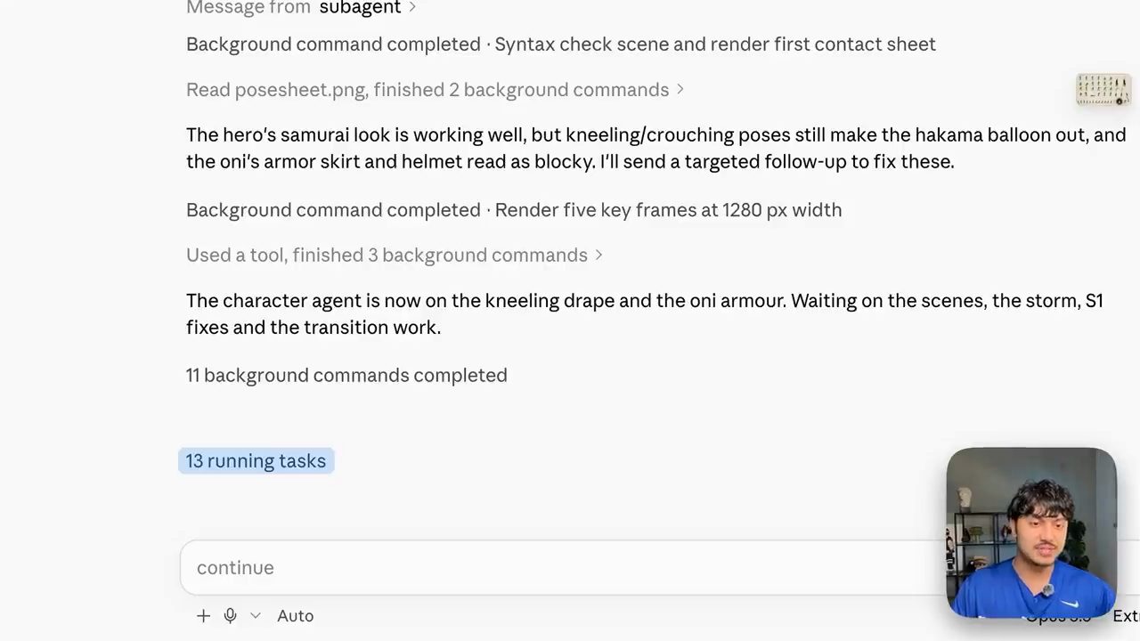 Phiên làm việc của Opus điều phối: tin nhắn từ subagent, 11 background commands completed, 13 running tasks