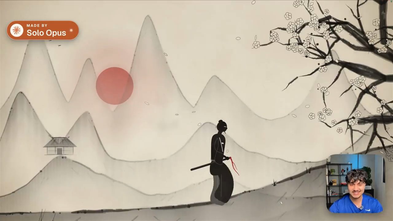 Cảnh phim The Red Thread của Solo Opus: samurai cầm kiếm có sợi chỉ đỏ, núi tranh mực và mặt trời đỏ