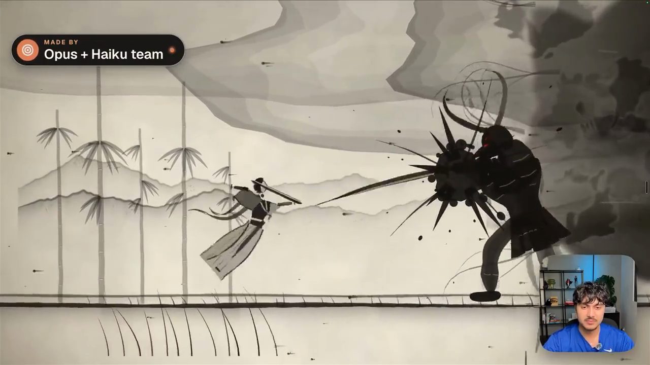 Cảnh phim Ensō của Opus + Haiku team: samurai lao tới chém một bóng quỷ mực đen giữa rừng tre