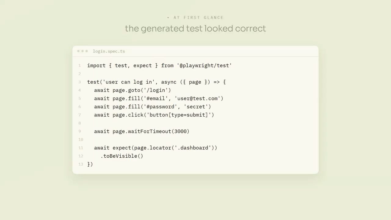 File login.spec.ts do agent sinh ra, dùng page.fill, page.click và waitForTimeout(3000)