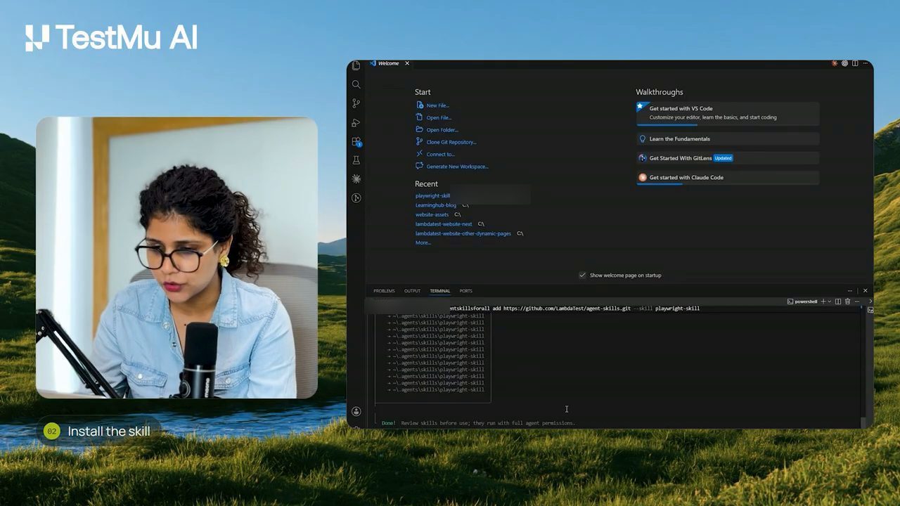 VS Code với terminal vừa chạy lệnh npx agentskillsforall, liệt kê các đường dẫn playwright-skill và dòng Done