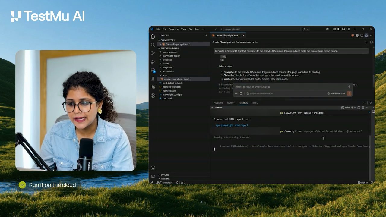 Terminal chạy lệnh npx playwright test với project chrome latest Windows 11 trên lambdatest, báo Running 1 test using 1 worker