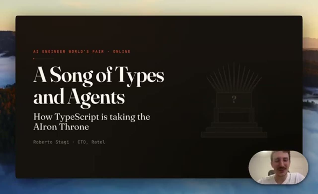 Slide mở đầu A Song of Types and Agents, How TypeScript is taking the AIron Throne, Roberto Stagi, CTO, Ratel