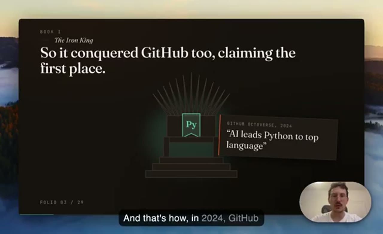 Slide So it conquered GitHub too, claiming the first place, kèm trích GitHub Octoverse 2024: AI leads Python to top language