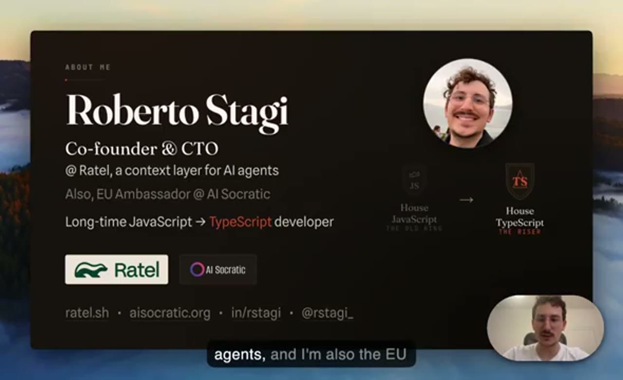Slide About me: Roberto Stagi, Co-founder & CTO tại Ratel, EU Ambassador tại AI Socratic, long-time JavaScript chuyển sang TypeScript developer