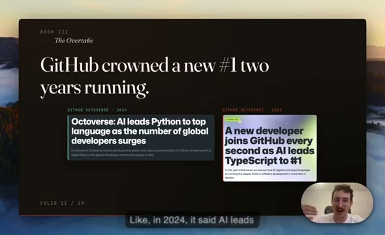 Slide GitHub crowned a new #1 two years running, hai tiêu đề Octoverse 2024 và 2025 đặt cạnh nhau