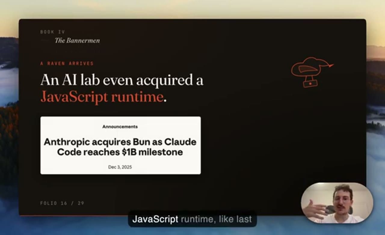Slide A raven arrives: An AI lab even acquired a JavaScript runtime, kèm thông báo Anthropic acquires Bun as Claude Code reaches $1B milestone, Dec 3, 2025
