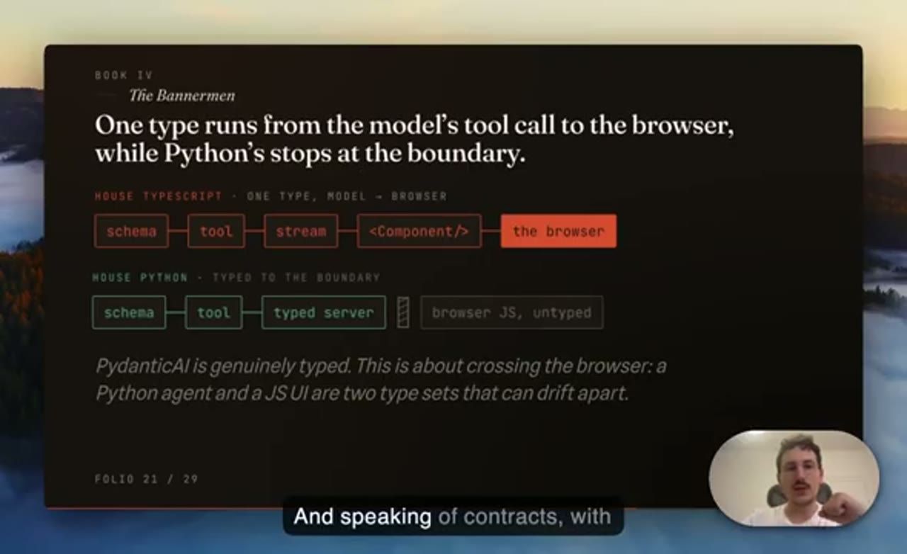Slide One type runs from the model's tool call to the browser, while Python's stops at the boundary. Chuỗi TypeScript: schema, tool, stream, Component, the browser. Chuỗi Python: schema, tool, typed server, rồi đứt ở browser JS, untyped.